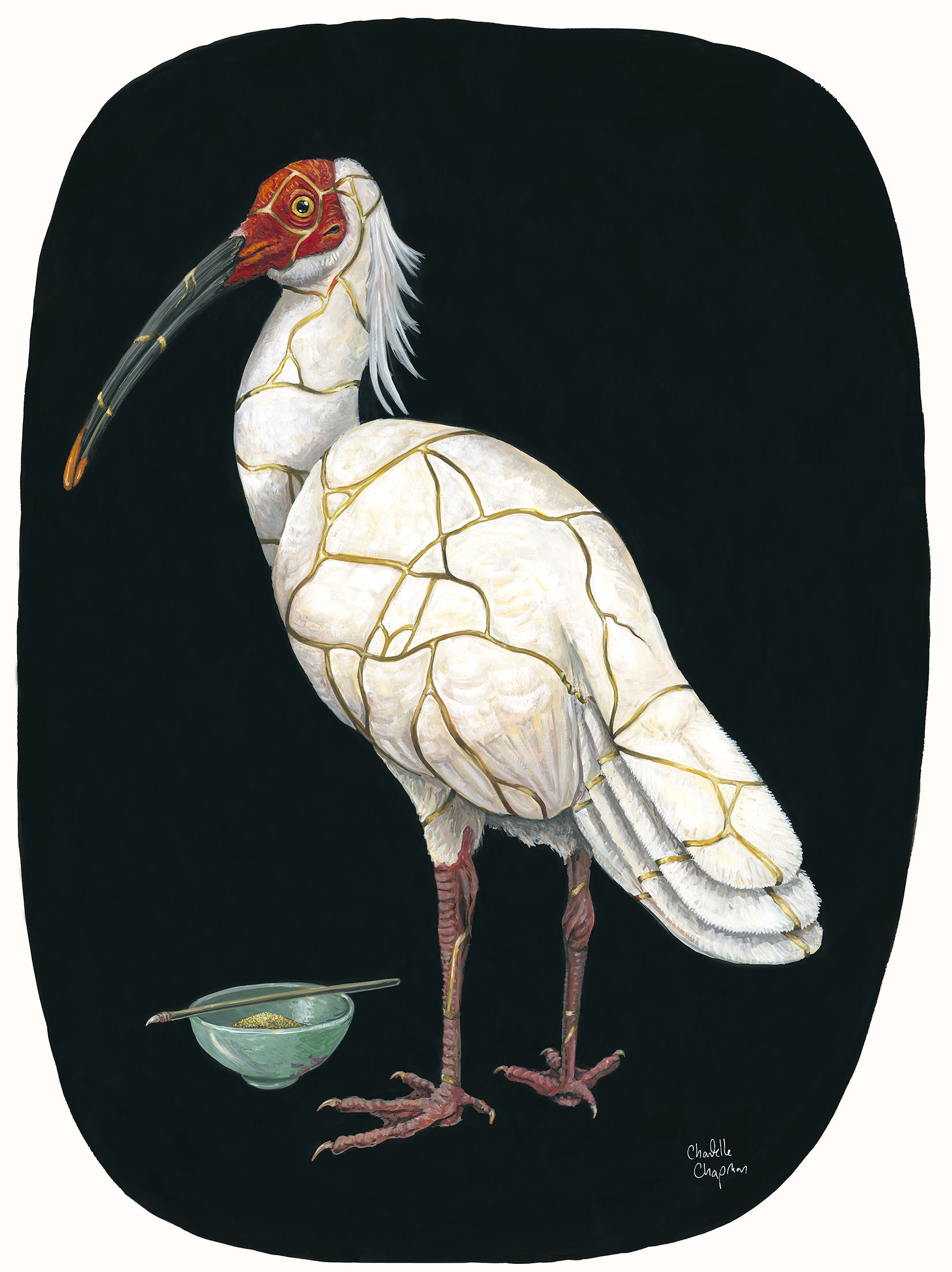 painting of a crane with kintsugi