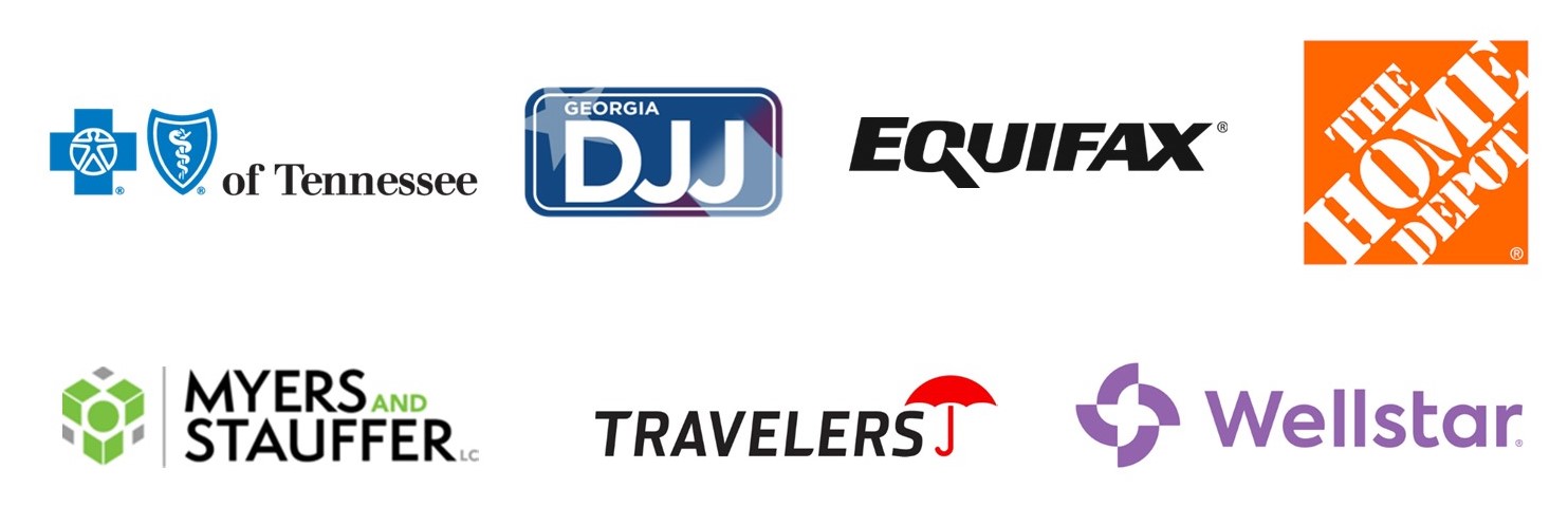 Current partnerships logos of Gerorgia DJJ, Equifax, Wellstar, Blue Cross & Blue Sheild of Tennesse, Myers and Stauffer, The Home Depot and Travelers logos