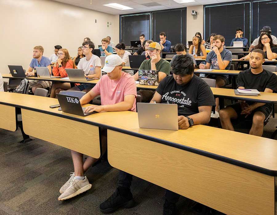 large group of students in class.