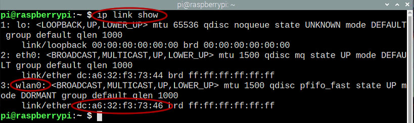 raspberrypi interface terminal screen displaying results for ip link show, wlan0, and link/ether.