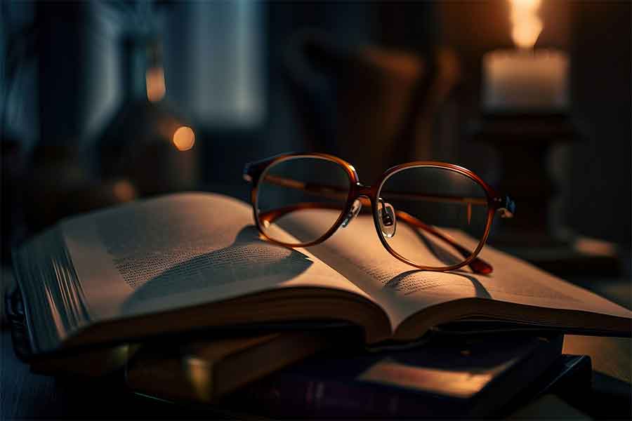 Glasses sitting on top of a opened book.