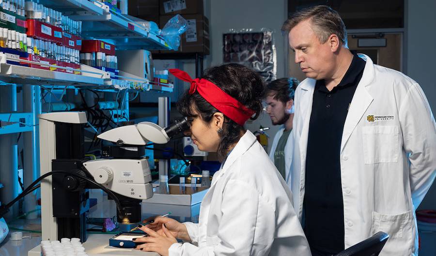 Photo of a graduate student and faculty mentor working on research in a laboratory