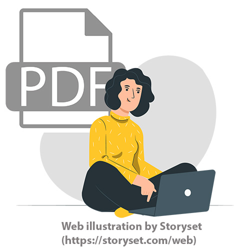 Woman working on laptop computer with PDF symbol in background, web illustration by storyset (https://storyset.com/web). 