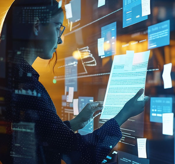 A woman wearing glasses is looking at a document in her hand in front of a large screen with many documents and data visualizations displayed on it. She is standing in a dimly lit room. Faculty Learning Scientists  Digital Learning Innovations supports faculty in enhancing student learning by integrating data-driven tools like uHoo Analytics to analyze engagement and performance by enabling faculty to design and refine effective learning environments and interventions.