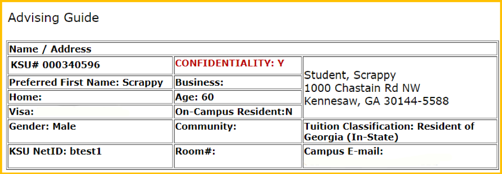 Advising Guide - Confidential flag indicator in the Advising Guide on Owl Express. Directory information cannot be disclosed to anyone other than the student.