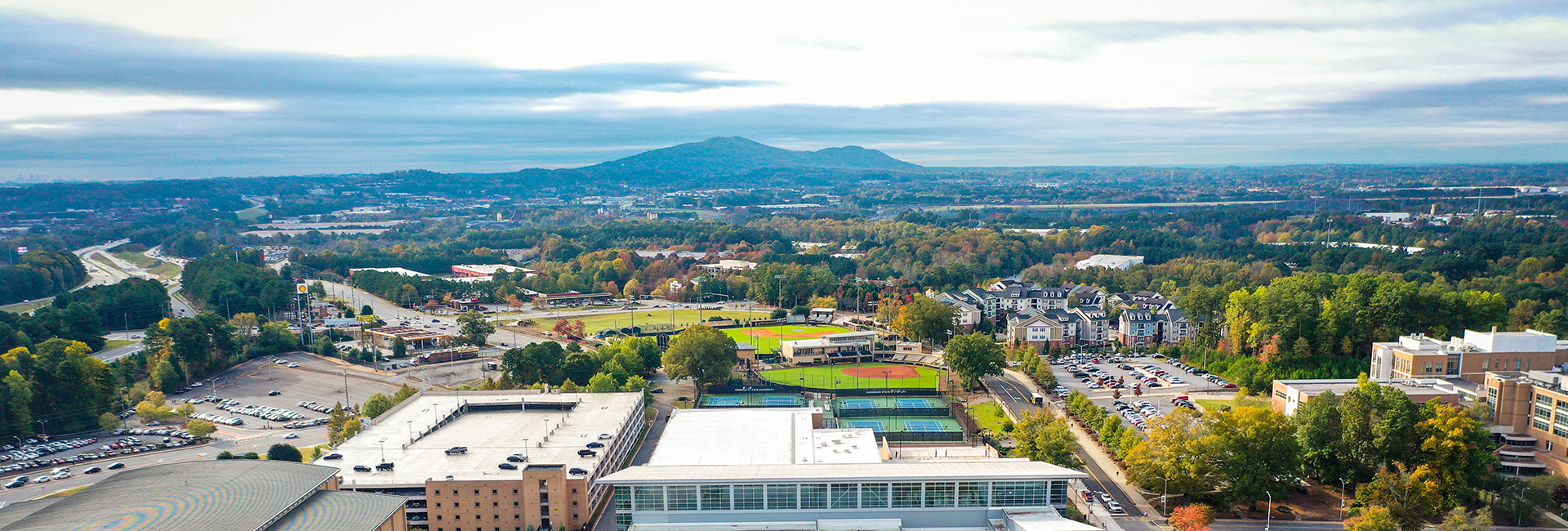 Aerial photo of Kennesaw Campus with Kennesaw Mountain in background