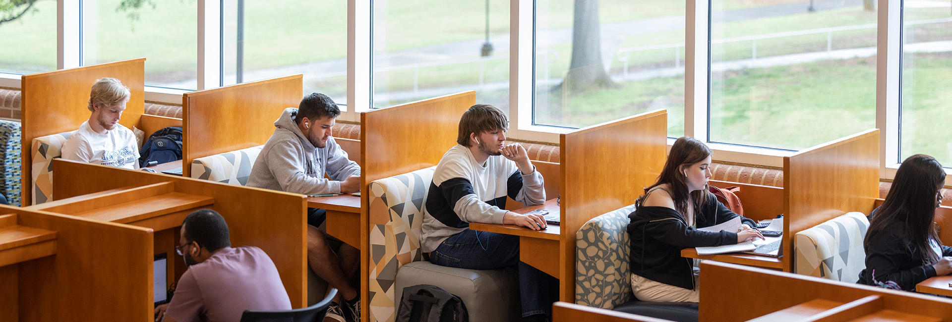 Students studying beside a window