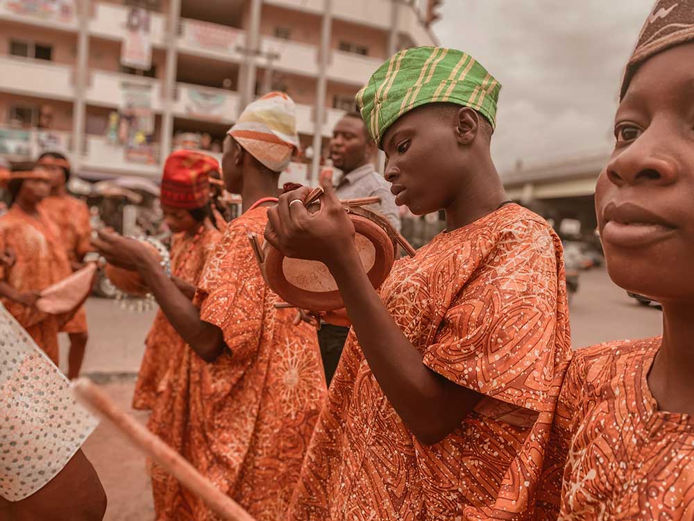 african band preparing to play instruments 