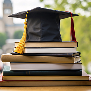 large stack of books with graduation cap