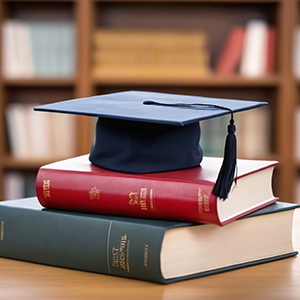 stack of books with graduation cap