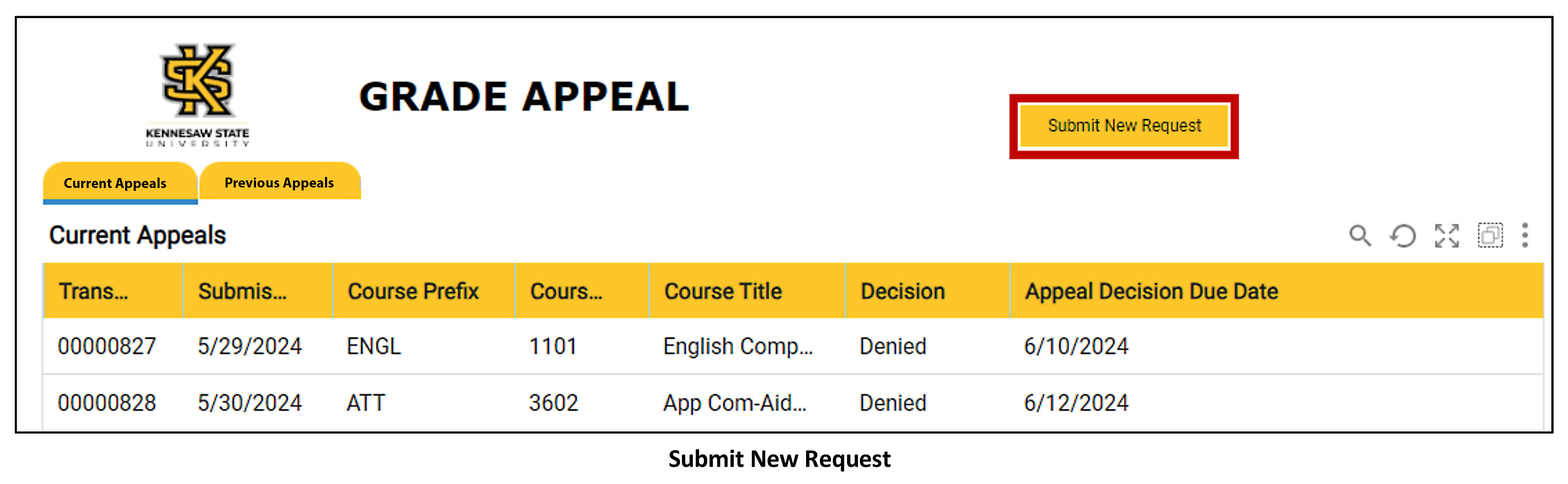 A webpage image showing a grade appeal form. The page title is "Grade Appeal" and there is a button labeled "Submit New Request." Below the button, there is a table showing current appeals with columns for transaction number, submission date, course prefix, course number, course title, decision, and appeal decision due date. Two rows of data are visible in the table.