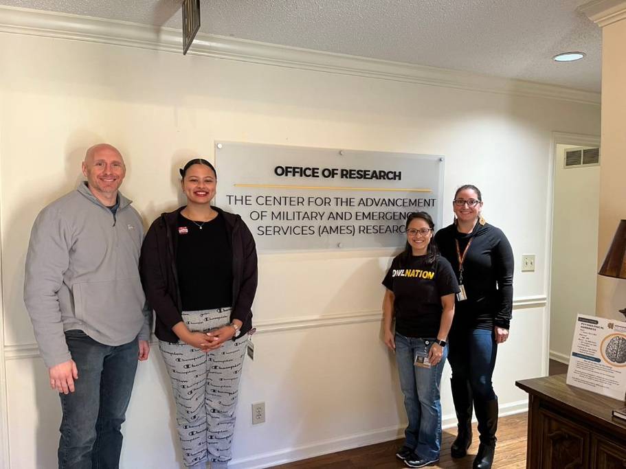 group of ksu students and faculty standing in front of the Office of Research AMES sign.