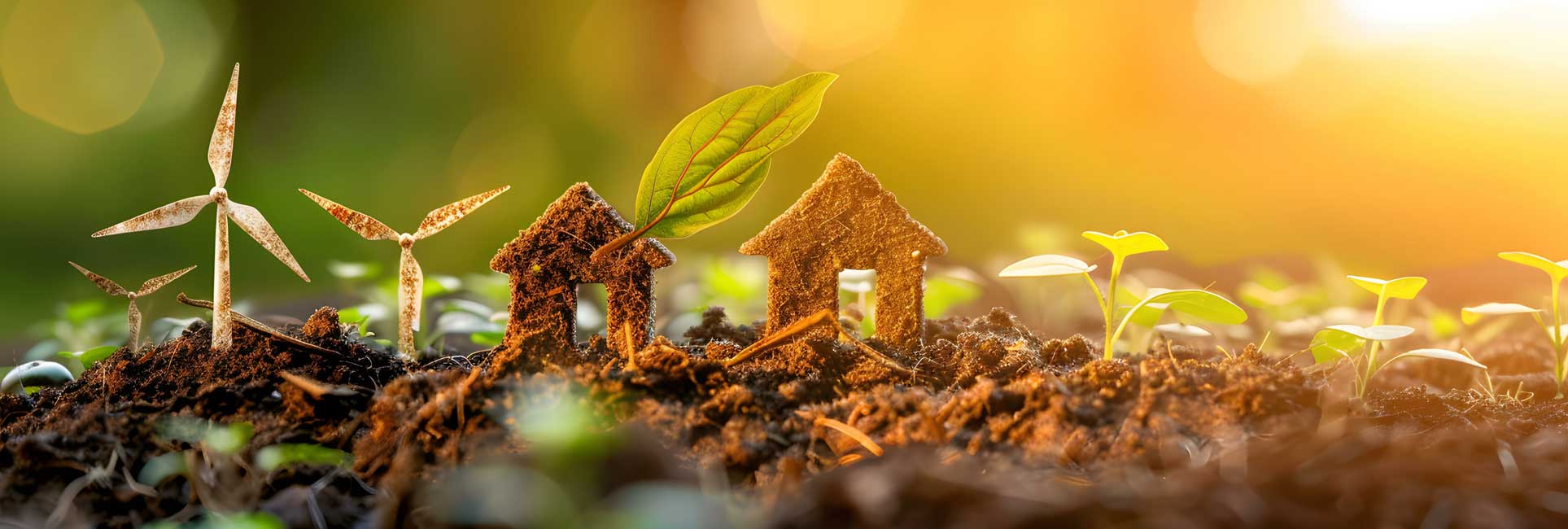 A house-shaped symbol made of soil with a green leaf growing from its roof, surrounded by wind turbines, plants, and seedlings emerging from the ground.