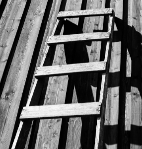 black and white image of a ladder leaned up against a wall.