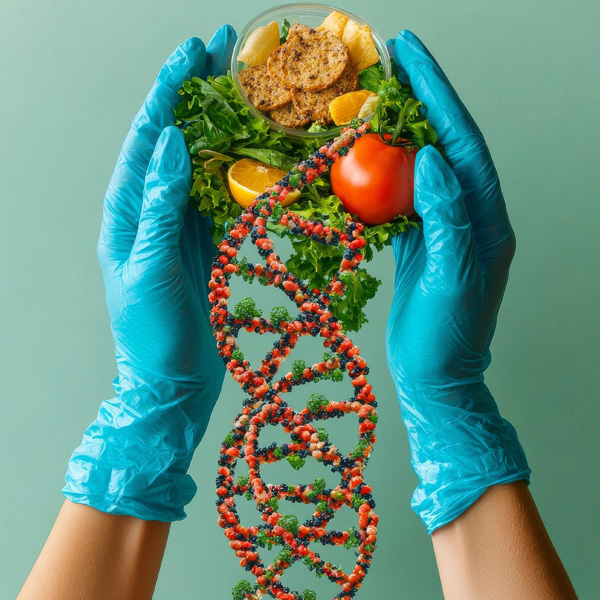 Nutritional science or Balanced Diet genetic biology as nutritionists or scientists work with nutrients with DNA strands as a dietary health concept for wellness